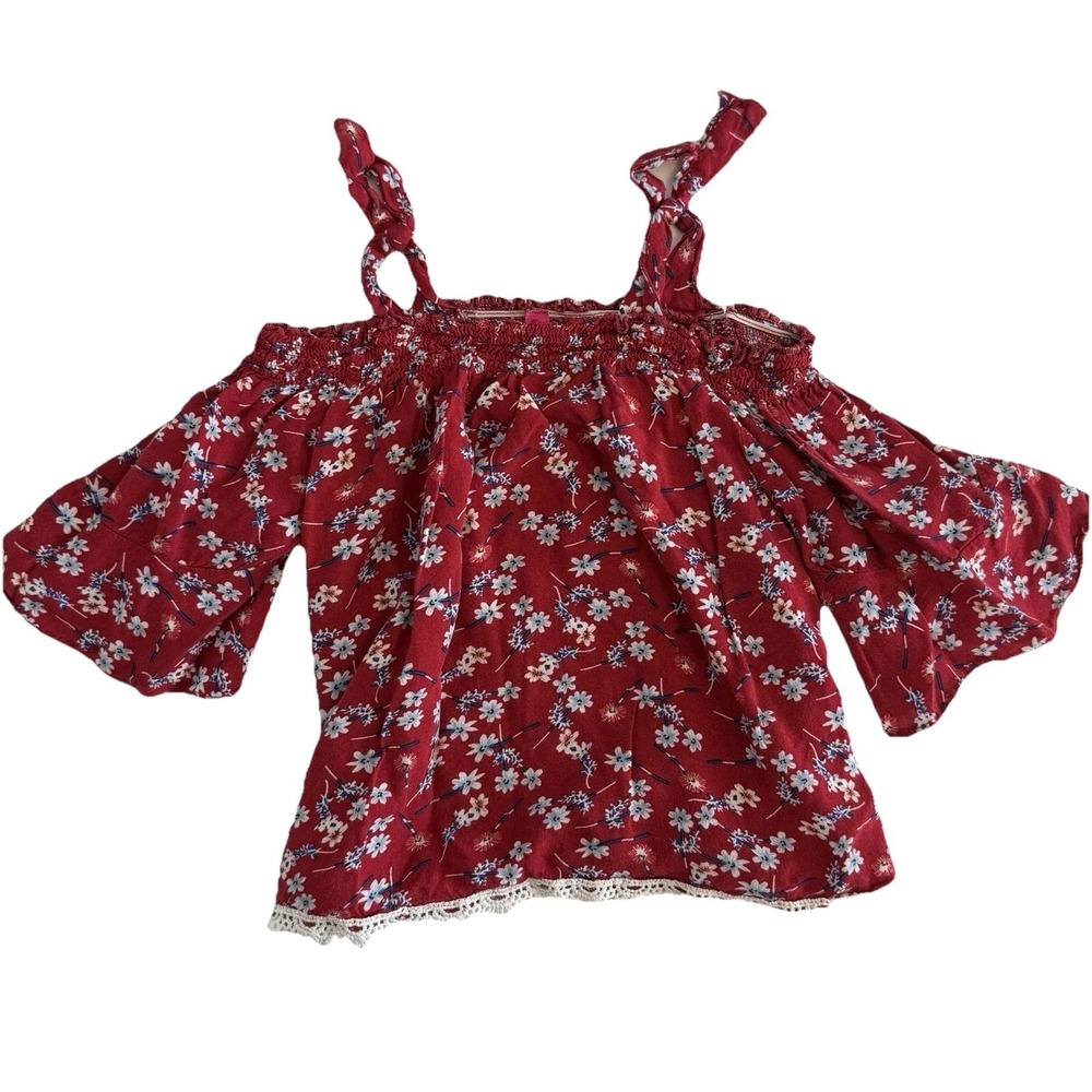 Cutie Patooti‎ Girls 3T Cold Shoulder Top Ditsy Floral Red Bell Sleeve Smocked